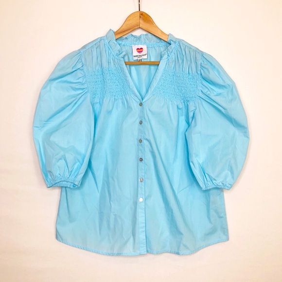 Hester & Orchard Blue puff sleeve, smocked detail button down blouse - Picture 1 of 9